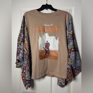 Johnny Cash Walk the Line graphic t-shirt with paisley kimono-style sleeves top